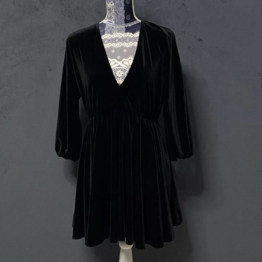 Zara Dress Womens S Black Velvet V-neck Mini A-line 3/4 Puff Sleeve Whimsigoth